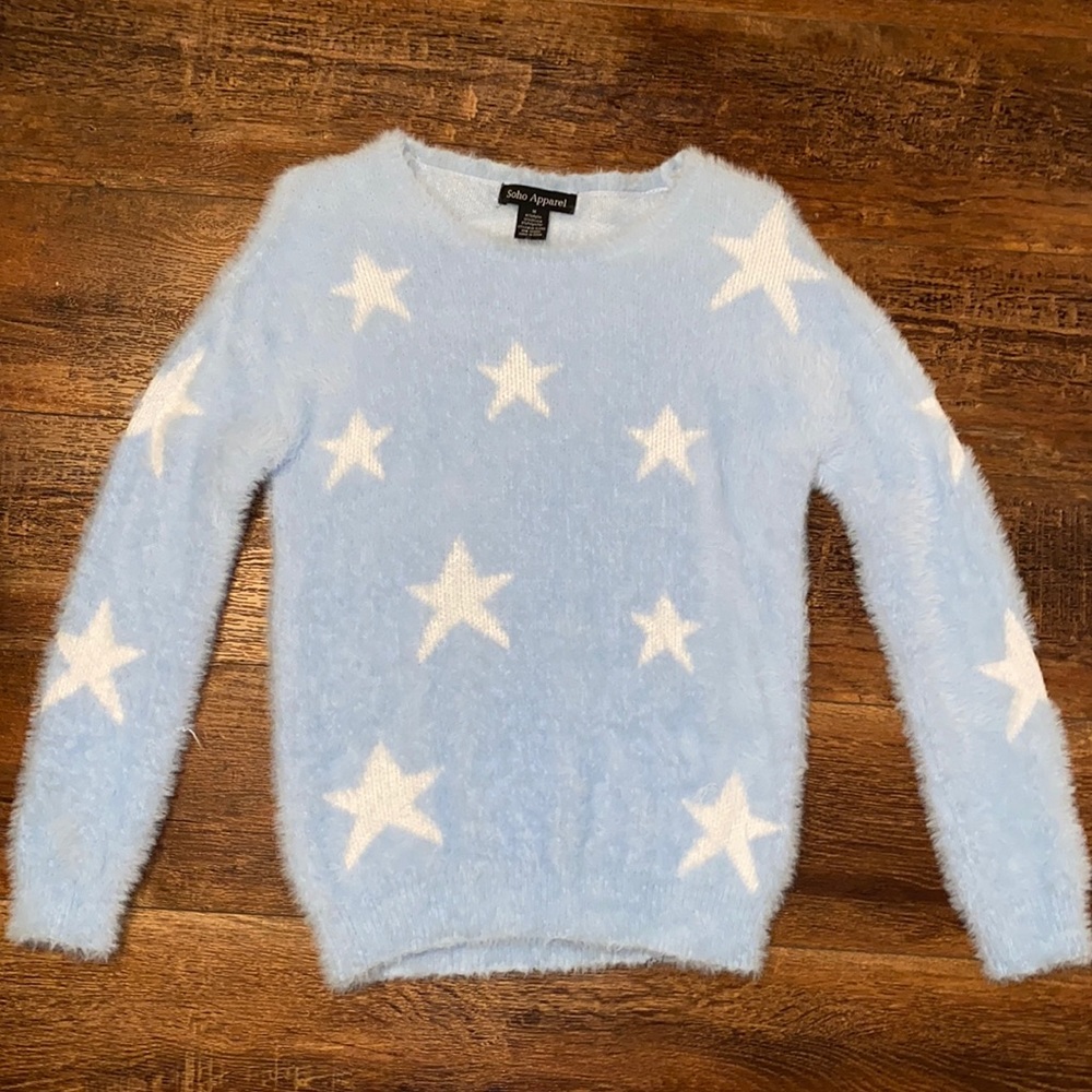 fuzzy blue and white stars sweater